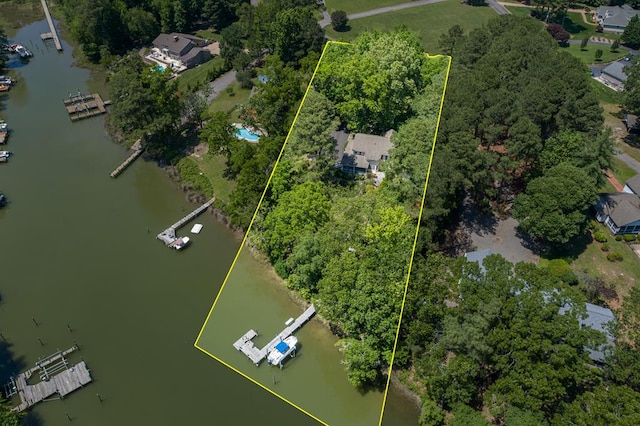 403 Moores Creek Dr, Deltaville, VA 23043 - aerial view of property's location with a nearby body of water, property parcel outlined, and a tree filled landscape