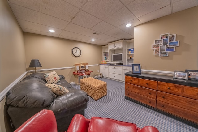 403 Moores Creek Dr, Deltaville, VA 23043 - living room featuring dark carpet, a paneled ceiling, and recessed lighting