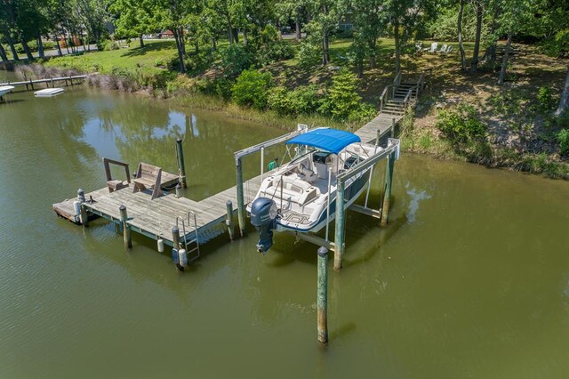 403 Moores Creek Dr, Deltaville, VA 23043 - dock area featuring a water view and view of wooded area