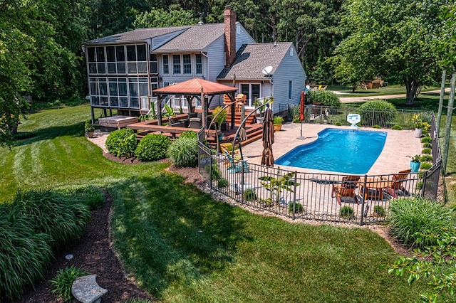 324 Bayberry Ln, Reedville, VA 22539 - view of pool with a gazebo, a sunroom, a patio area, and a wooden deck