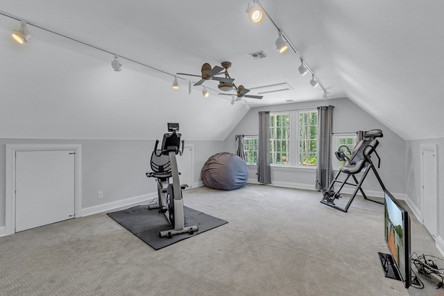 324 Bayberry Ln, Reedville, VA 22539 - exercise area featuring rail lighting, a ceiling fan, carpet, vaulted ceiling, and baseboards