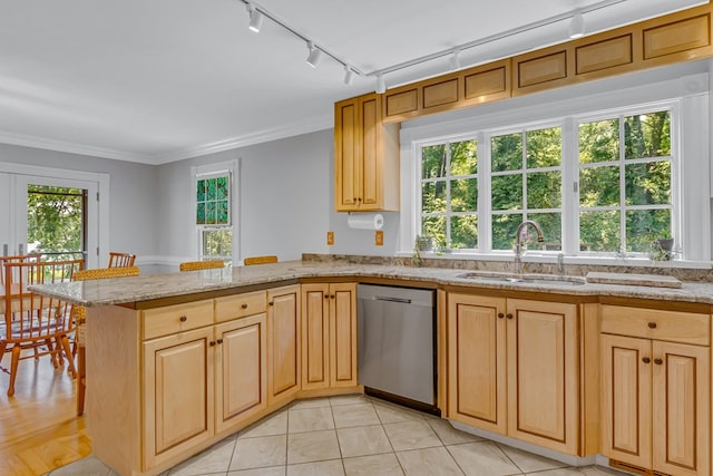 324 Bayberry Ln, Reedville, VA 22539 - kitchen with dishwasher, rail lighting, a sink, a peninsula, and crown molding