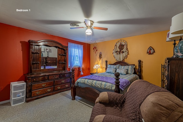 carpeted bedroom featuring ceiling fan