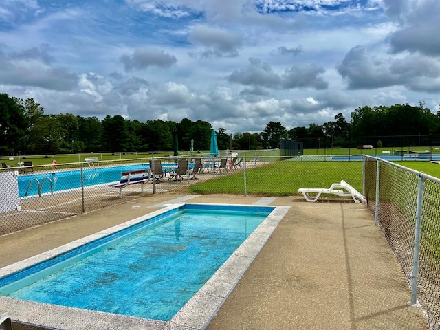 view of swimming pool with a yard and a patio