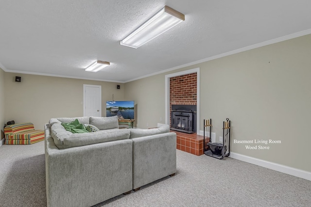 carpeted living room featuring crown molding and a textured ceiling