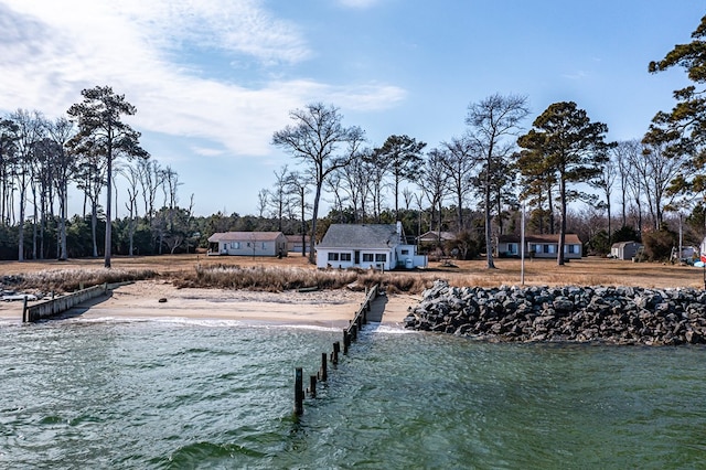 view of water feature with a beach view