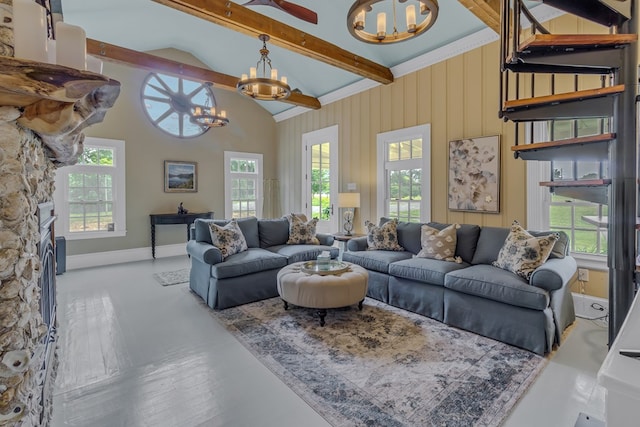 living room featuring a stone fireplace, beamed ceiling, a healthy amount of sunlight, and high vaulted ceiling