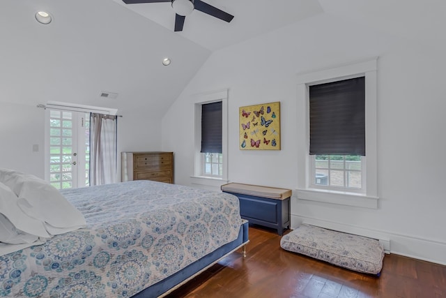 bedroom with access to outside, ceiling fan, dark hardwood / wood-style floors, and vaulted ceiling