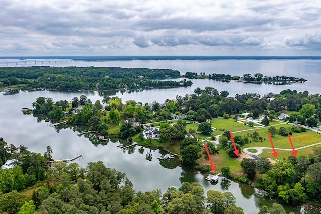 bird's eye view with a water view