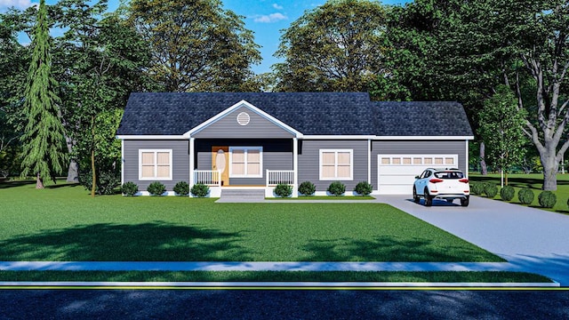 view of front of property with a porch, a garage, and a front lawn