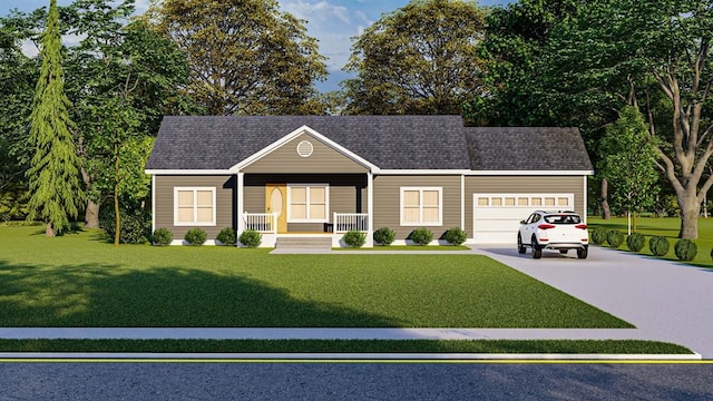 view of front facade with covered porch, a garage, and a front lawn