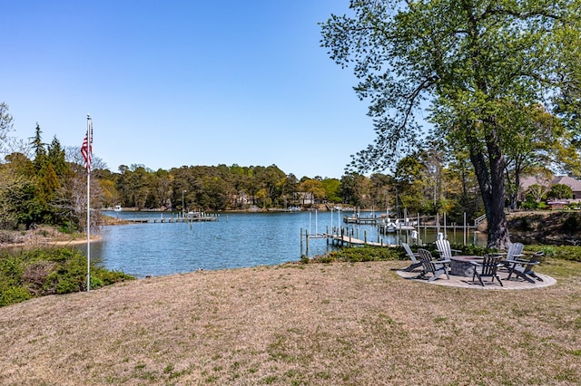 601 Cranes Creek Harbor Dr, Heathsville, VA 22473 - dock area featuring a fire pit, a water view, and a yard