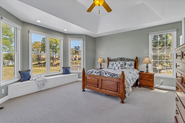 601 Cranes Creek Harbor Dr, Heathsville, VA 22473 - bedroom featuring light carpet, a tray ceiling, baseboards, and ceiling fan