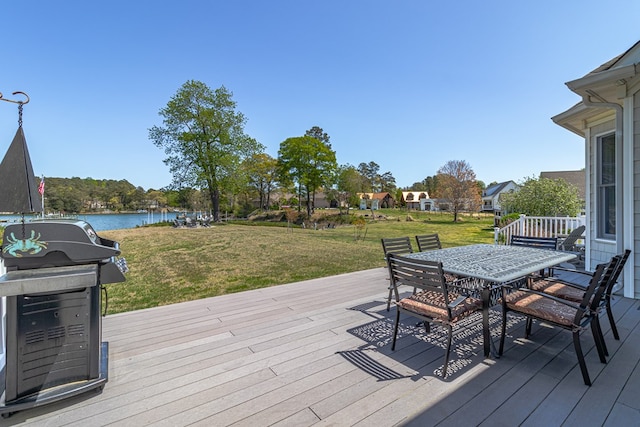 601 Cranes Creek Harbor Dr, Heathsville, VA 22473 - wooden deck with outdoor dining area, a yard, a water view, and a grill