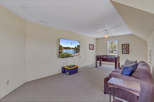 601 Cranes Creek Harbor Dr, Heathsville, VA 22473 - living area with carpet floors, ceiling fan, baseboards, and vaulted ceiling