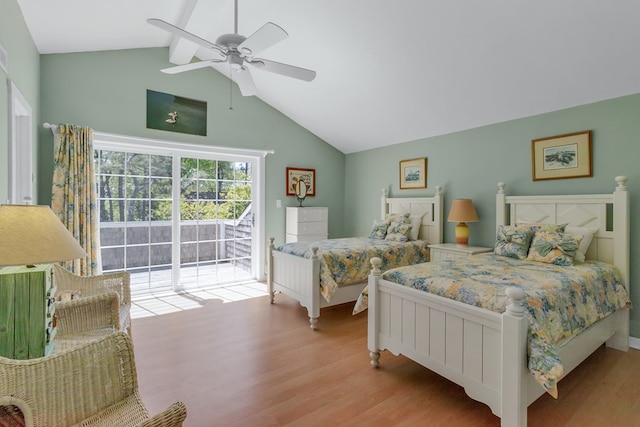 bedroom with ceiling fan, lofted ceiling with beams, light hardwood / wood-style flooring, and access to outside