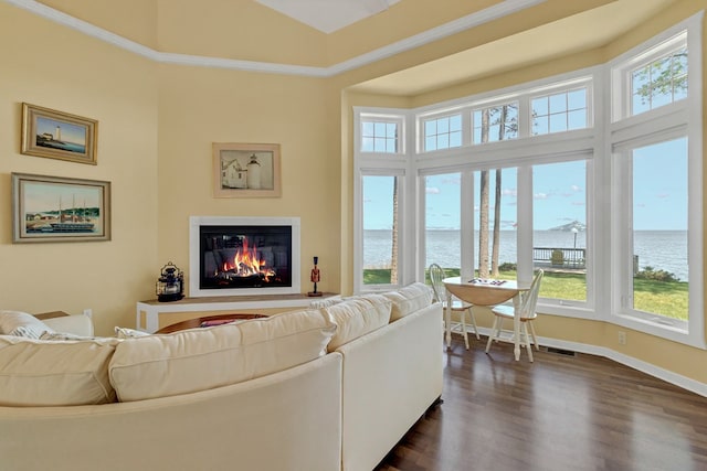 living room with dark hardwood / wood-style flooring, crown molding, vaulted ceiling, and a water view