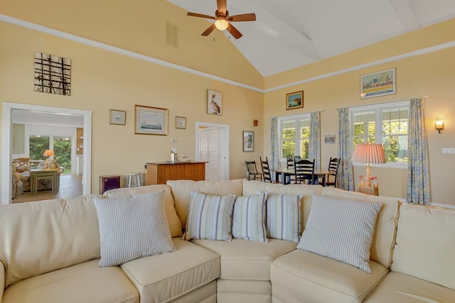 living room with ceiling fan and high vaulted ceiling