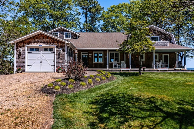 view of front of house featuring a garage, a front lawn, and a porch