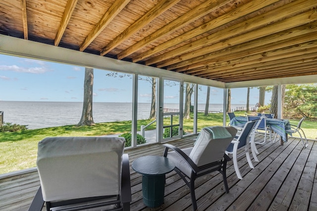 deck featuring a water view