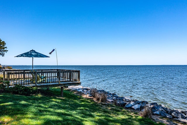 dock area with a yard and a water view