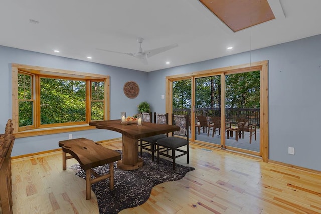 dining room with light hardwood / wood-style flooring and ceiling fan