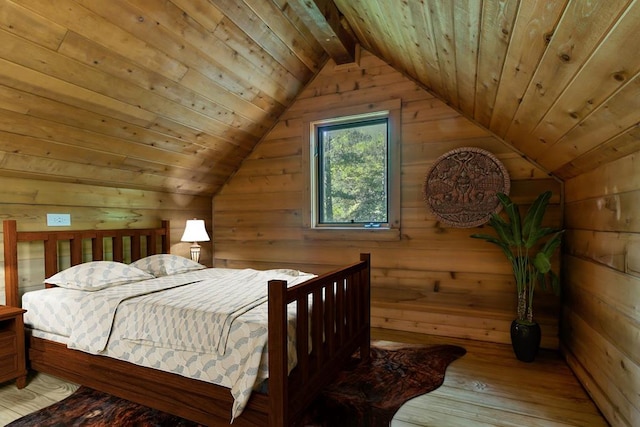 bedroom featuring wood-type flooring, vaulted ceiling, wooden walls, and wood ceiling