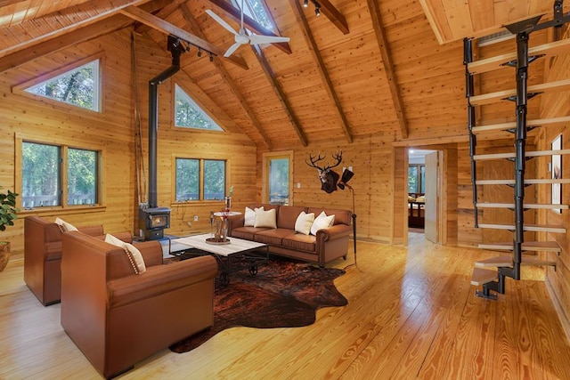 living room with beam ceiling, a wood stove, wooden ceiling, and wood walls