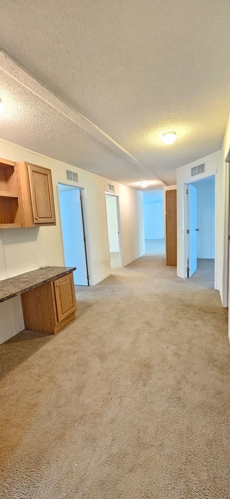 unfurnished room featuring light carpet and a textured ceiling