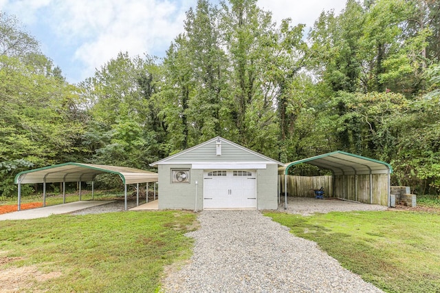 garage featuring a carport and a yard