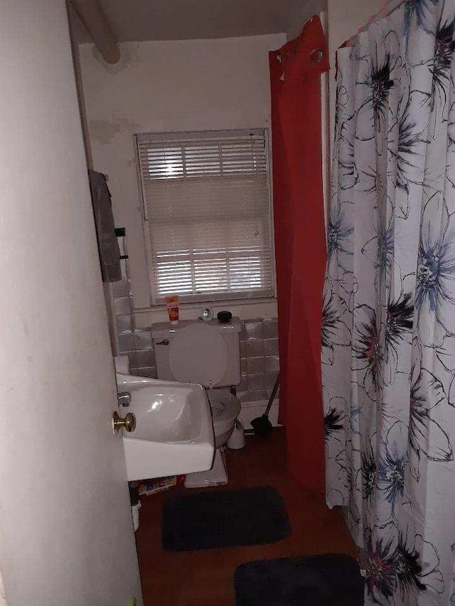 full bathroom with curtained shower, a sink, and toilet