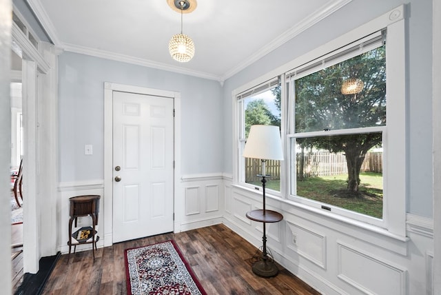 46 Yeocomico Ln, Kinsale, VA 22488 - foyer entrance with crown molding, dark wood finished floors, and a wainscoted wall