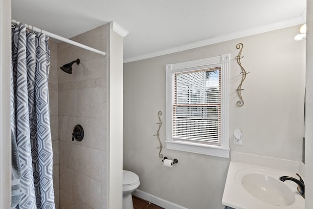 46 Yeocomico Ln, Kinsale, VA 22488 - full bath with ornamental molding, toilet, a tile shower, vanity, and baseboards