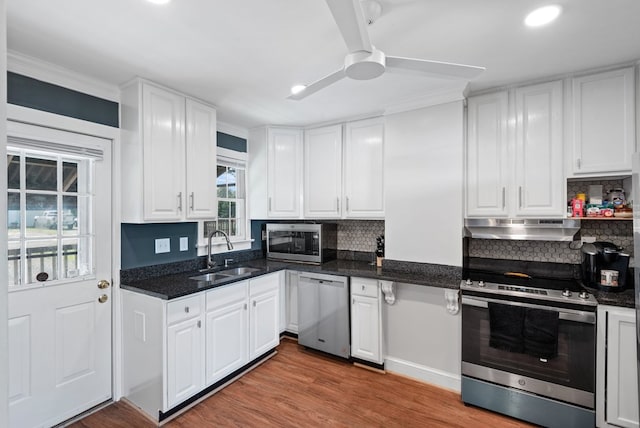 46 Yeocomico Ln, Kinsale, VA 22488 - kitchen with a sink, appliances with stainless steel finishes, white cabinets, ceiling fan, and tasteful backsplash