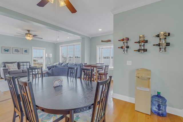 dining room featuring ceiling fan, light wood-type flooring, and ornamental molding