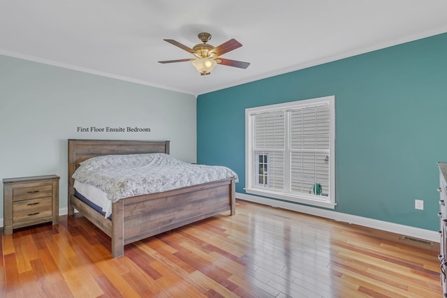 bedroom with ceiling fan and light hardwood / wood-style floors