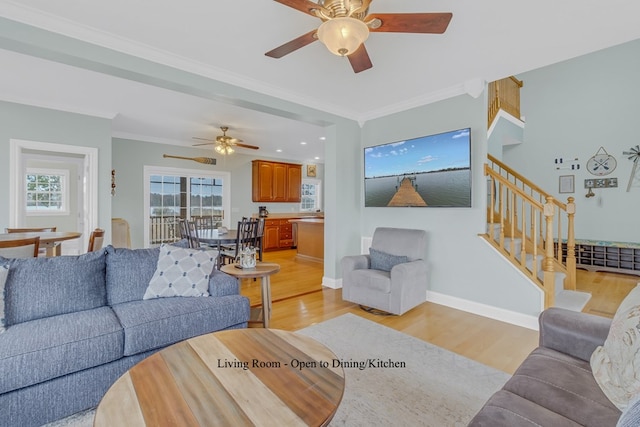 living room featuring crown molding, ceiling fan, and light wood-type flooring