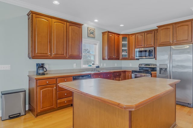 kitchen featuring a kitchen island, sink, light hardwood / wood-style floors, and stainless steel appliances