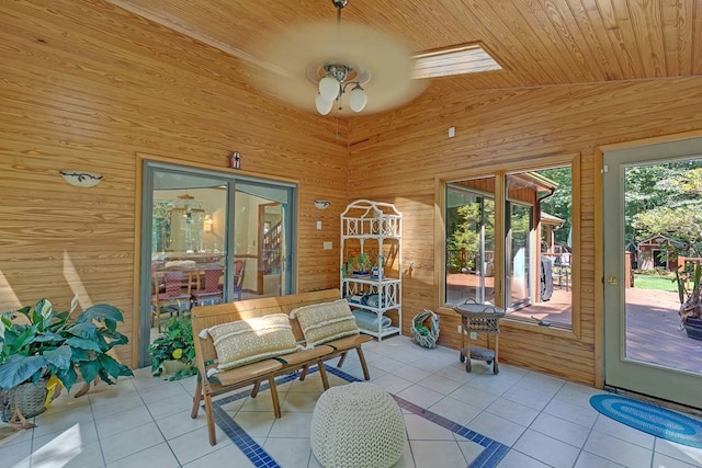 10114 New Hope Ct, Gloucester, VA 23061 - sunroom / solarium with a ceiling fan, wood walls, tile patterned floors, and wooden ceiling