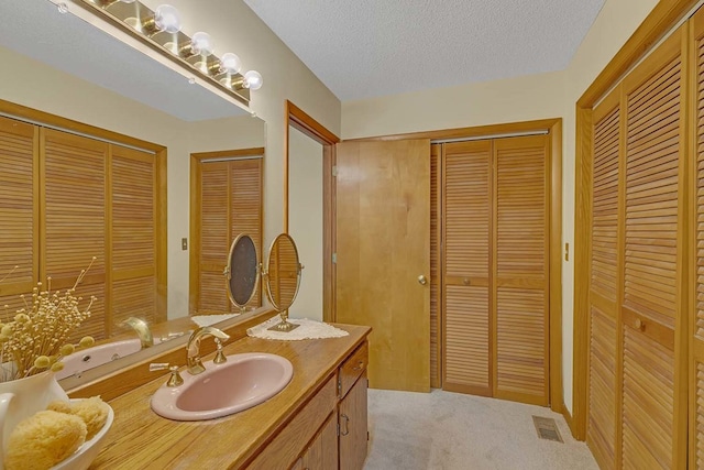10114 New Hope Ct, Gloucester, VA 23061 - bathroom with a closet, vanity, and a textured ceiling