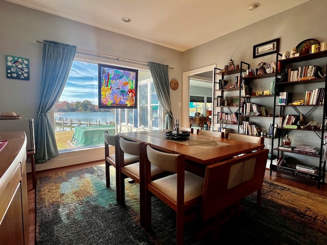 dining space featuring a water view and dark wood-type flooring