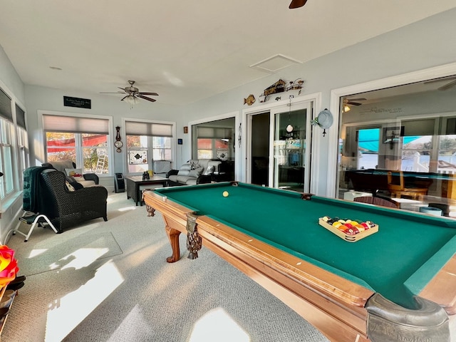 rec room featuring carpet flooring, ceiling fan, and billiards