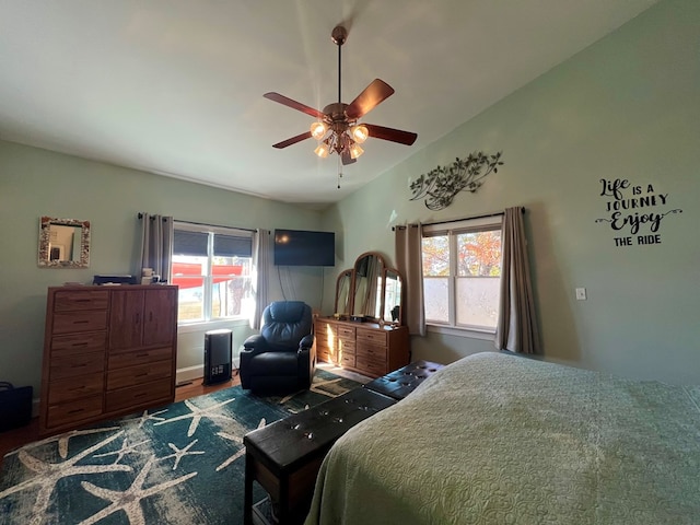 bedroom featuring ceiling fan and multiple windows