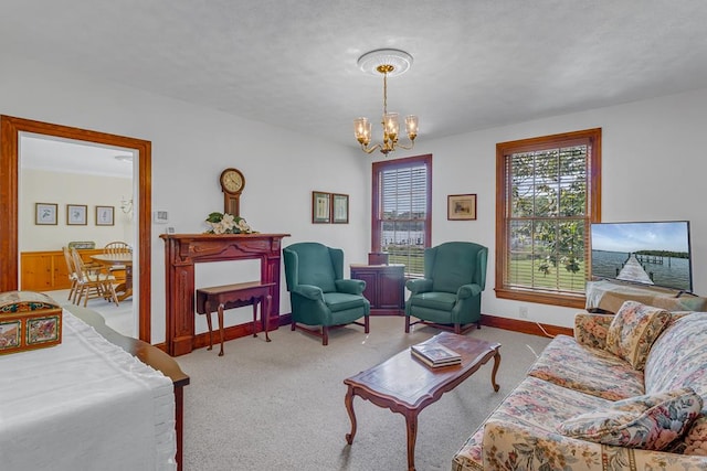 118 Harvey Ln, Heathsville, VA 22473 - living area featuring a chandelier and carpet floors