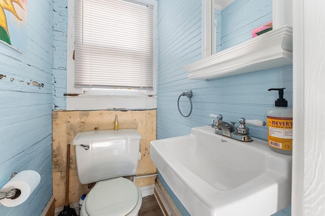 1838 Muddy Gut Rd, Dunnsville, VA 22454 - half bathroom with wood walls, toilet, and a sink