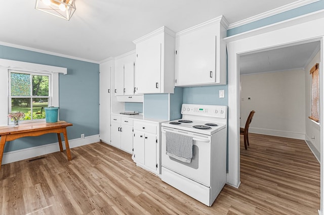 1838 Muddy Gut Rd, Dunnsville, VA 22454 - kitchen featuring white electric range, crown molding, light wood-style flooring, and white cabinetry