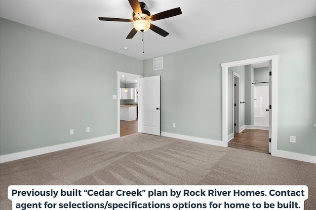 unfurnished bedroom featuring ceiling fan, connected bathroom, and carpet flooring