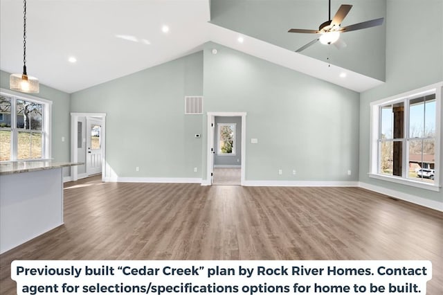 unfurnished living room featuring hardwood / wood-style flooring, high vaulted ceiling, and a wealth of natural light