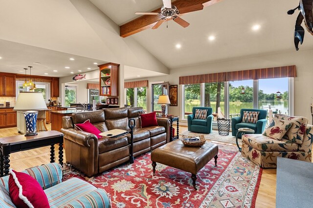 873 Deep Creek Rd, Lancaster, VA 22503 - living room with beam ceiling, light wood-type flooring, recessed lighting, high vaulted ceiling, and a ceiling fan