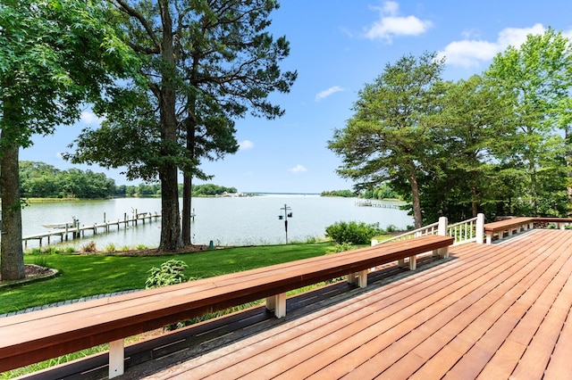 873 Deep Creek Rd, Lancaster, VA 22503 - wooden deck with a water view, a lawn, and a dock